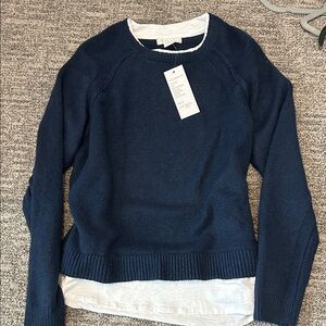 NWT: Design History Deep Blue Crew Neck Sweater with white undershirt